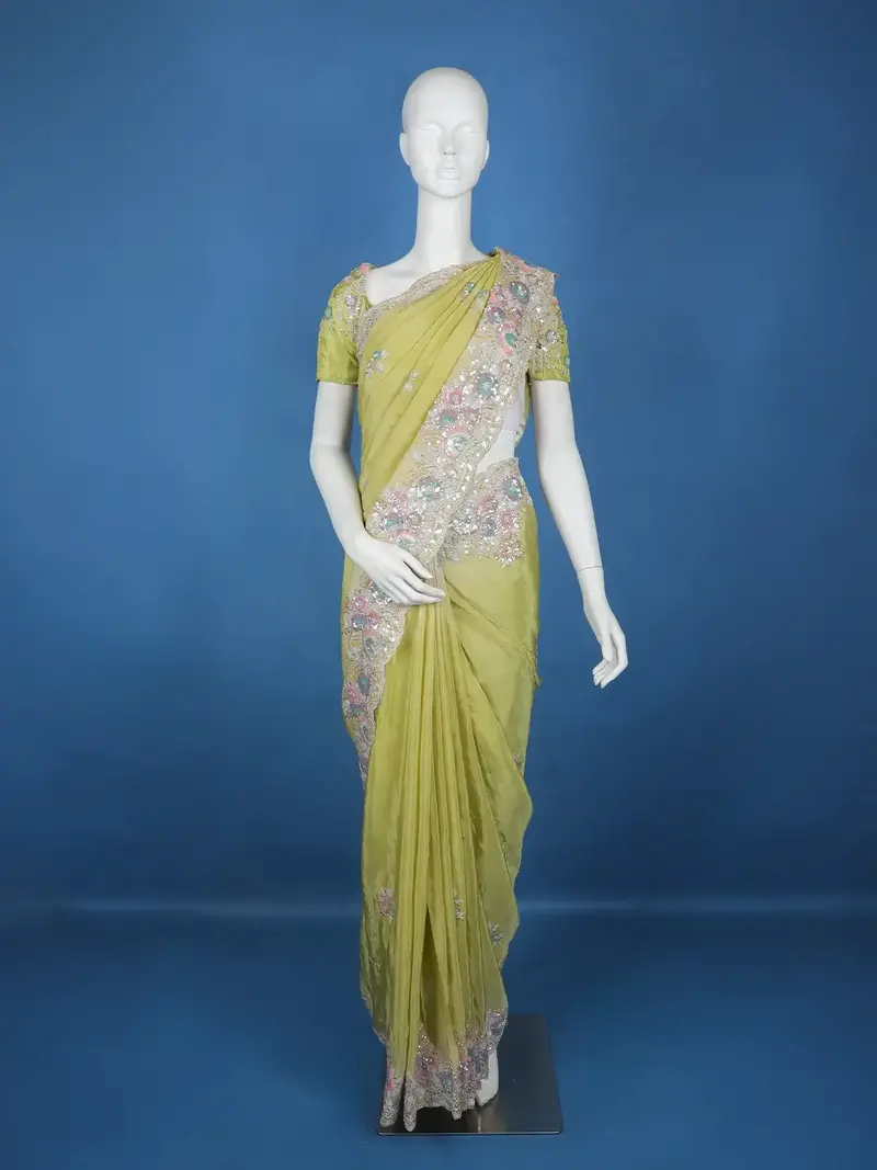 Pista Green Floral Designed Organza Designer Saree 1
