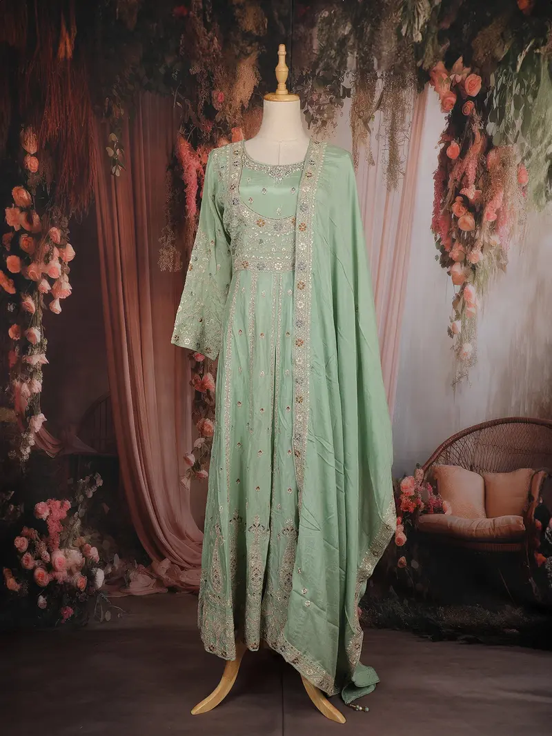 Pista Green Floral Embroidered Chiffon Anarkali Salwar Suit With Dupatta 1