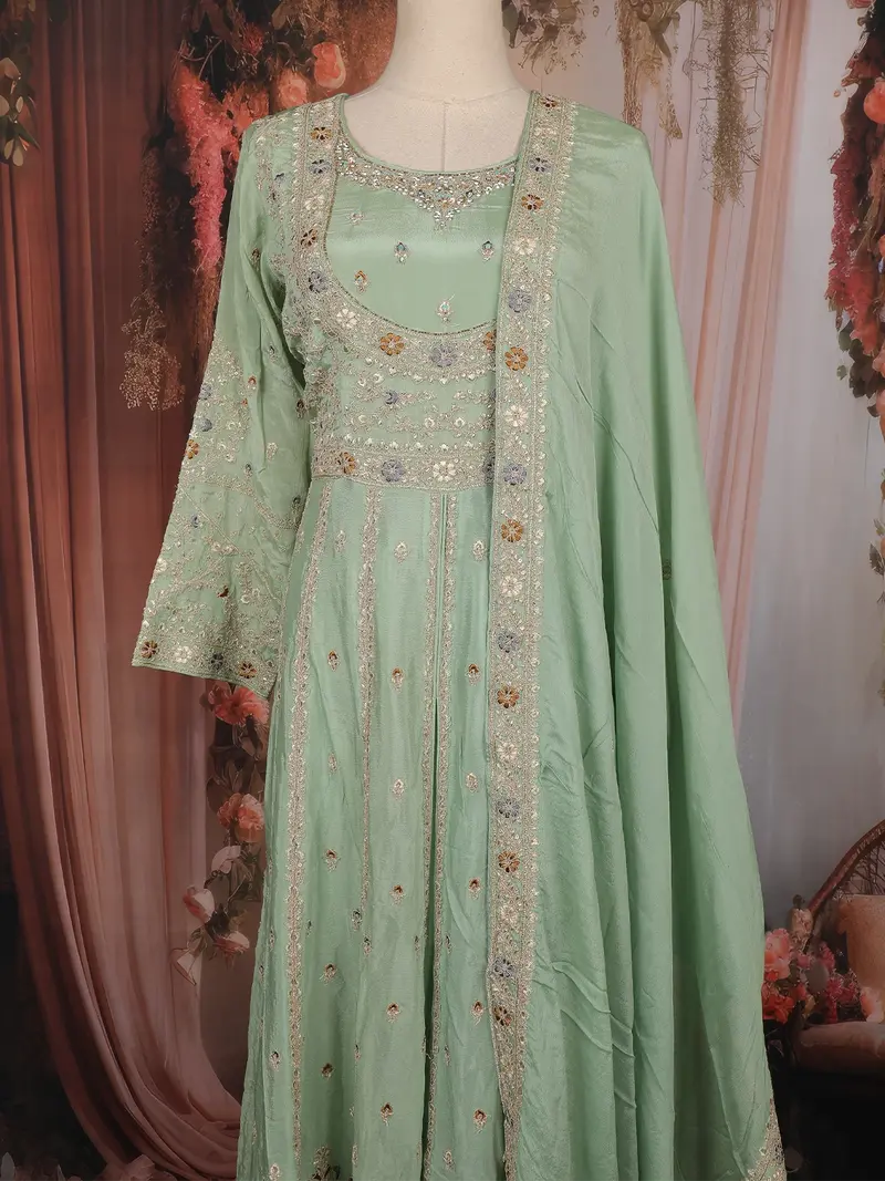 Pista Green Floral Embroidered Chiffon Anarkali Salwar Suit With Dupatta 2
