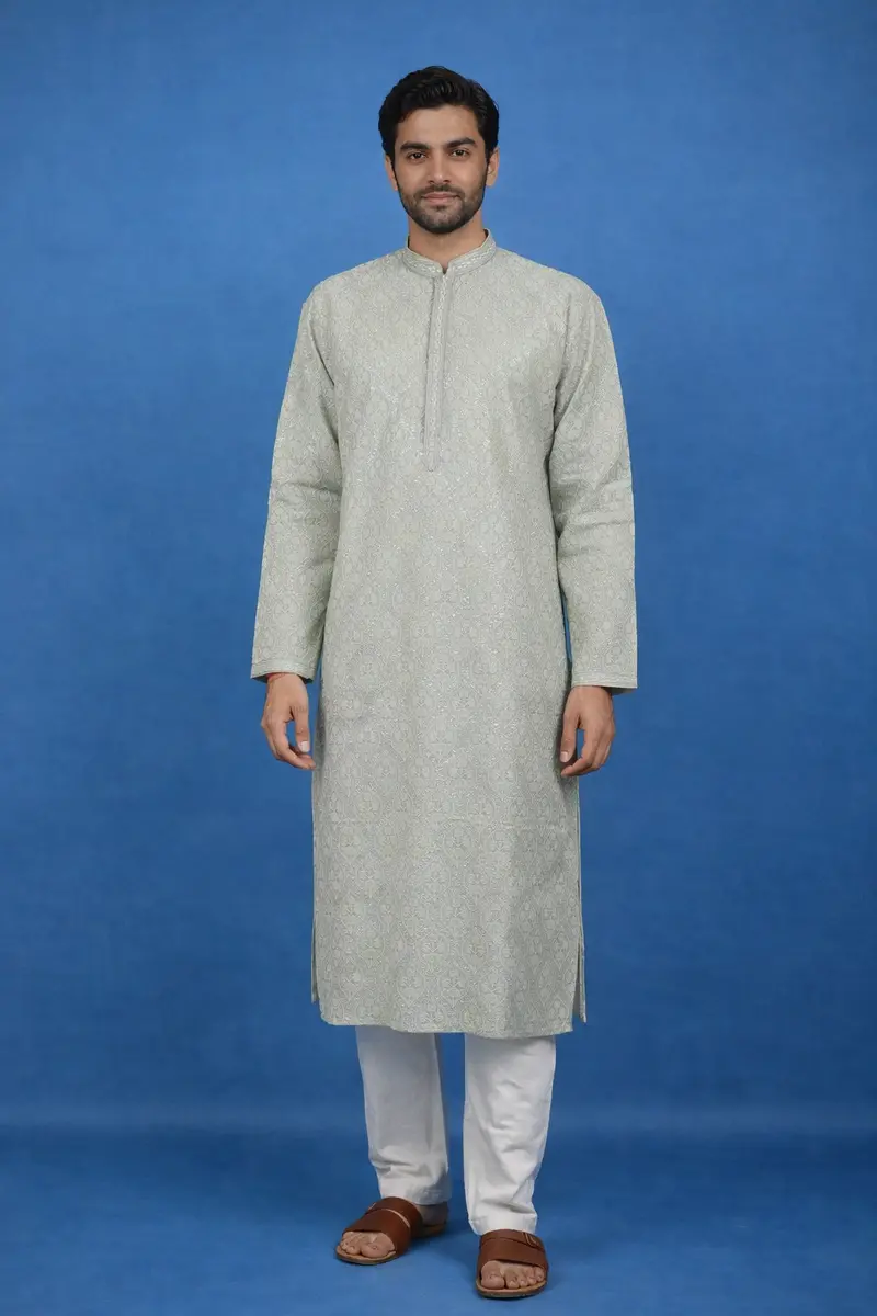 Pista Green Floral Embroidered Cotton Kurta For Men 1