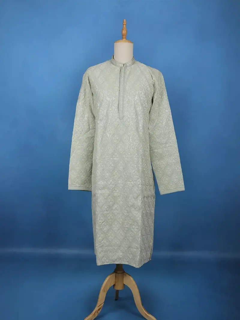 Pista Green Floral Embroidered Cotton Kurta For Men 2