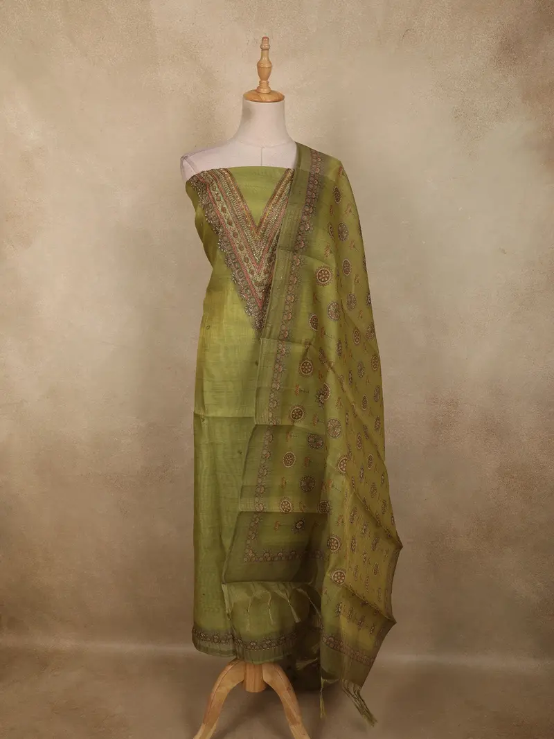 Pista Green Floral Embroidered Design Tissue Unstitched Salwar Material With Dupatta 1