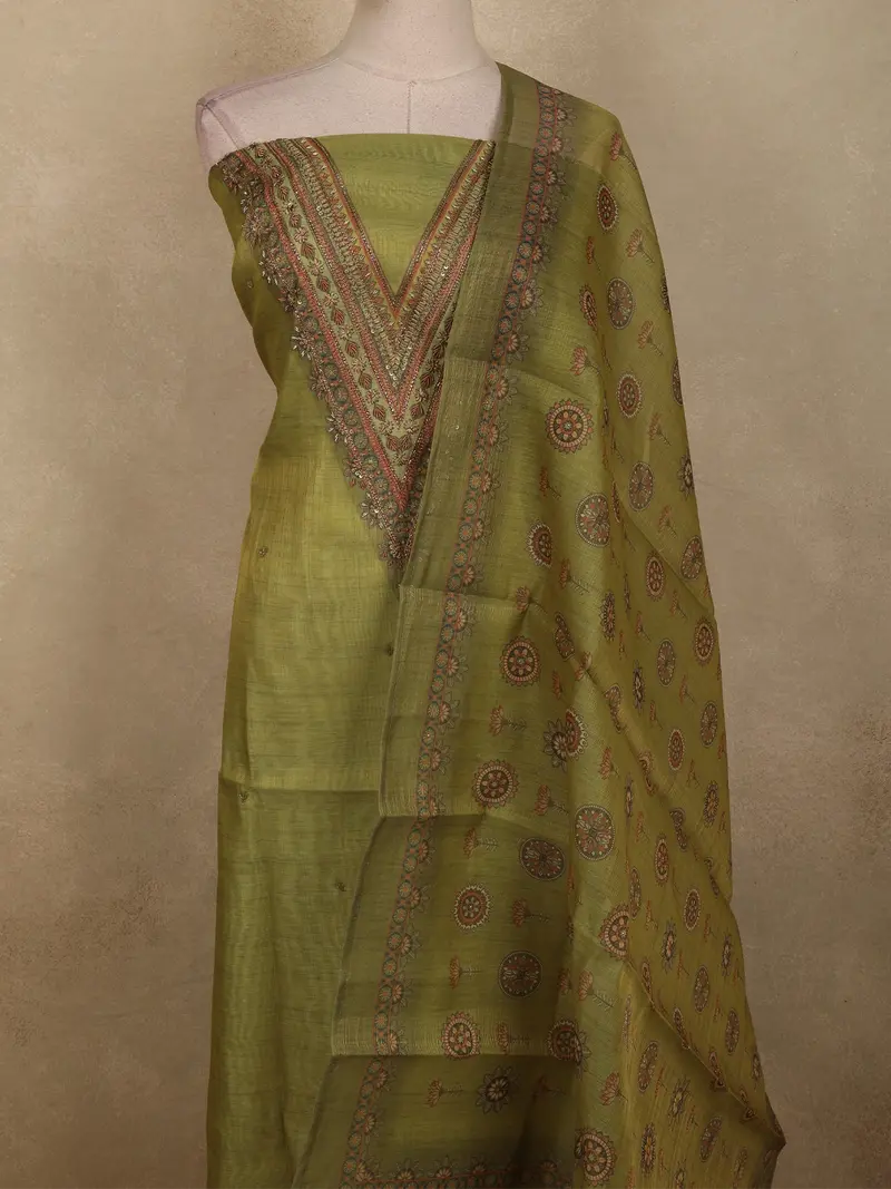 Pista Green Floral Embroidered Design Tissue Unstitched Salwar Material With Dupatta 2