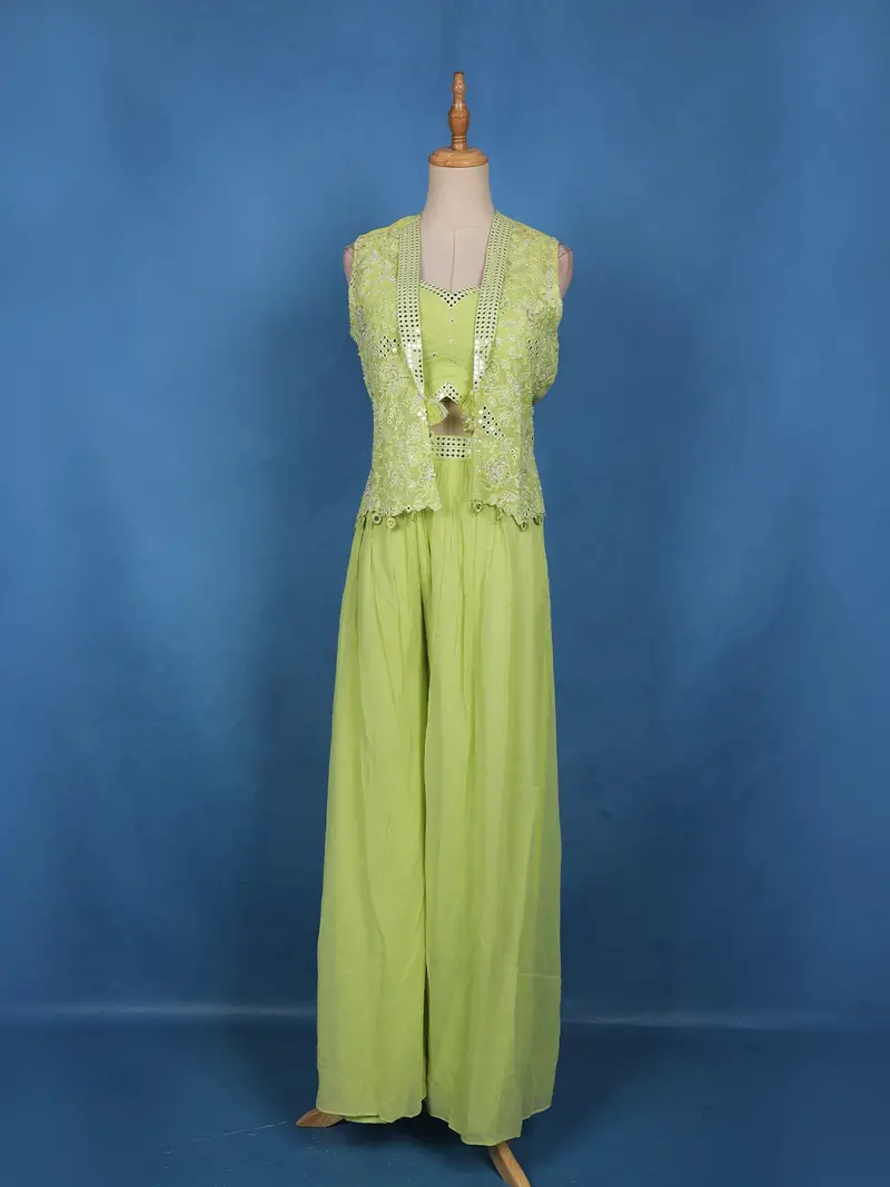 Pista Green Floral Embroidered Georgette Palazzo Suit 1