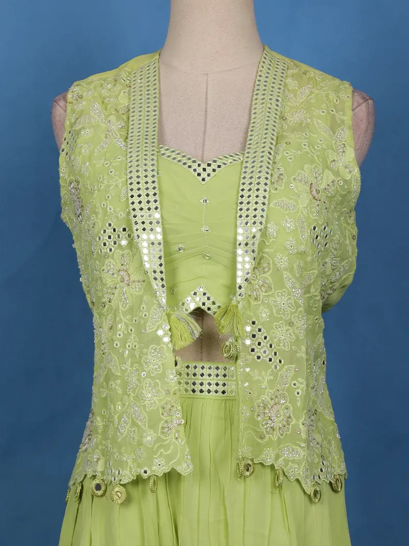 Pista Green Floral Embroidered Georgette Palazzo Suit 2