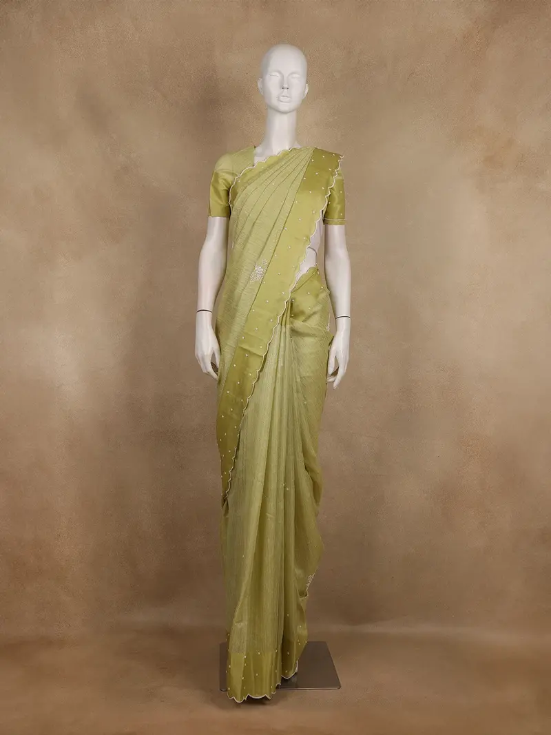 Pista Green Floral Embroidered Raw Silk Saree 1