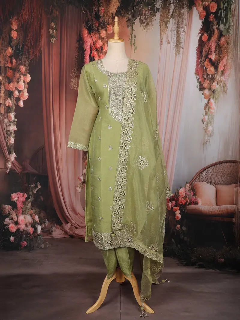 Pista Green Floral Embroidered Tissue Silk Straight Cut Salwar Suit With Dupatta 1