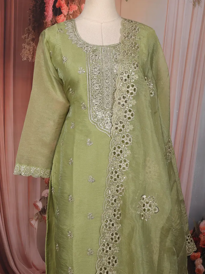 Pista Green Floral Embroidered Tissue Silk Straight Cut Salwar Suit With Dupatta 2