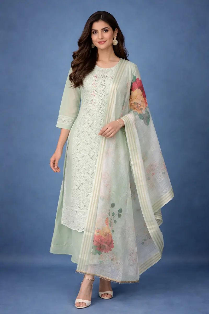 Pista Green Floral Embroidery Cotton Salwar Suit 1