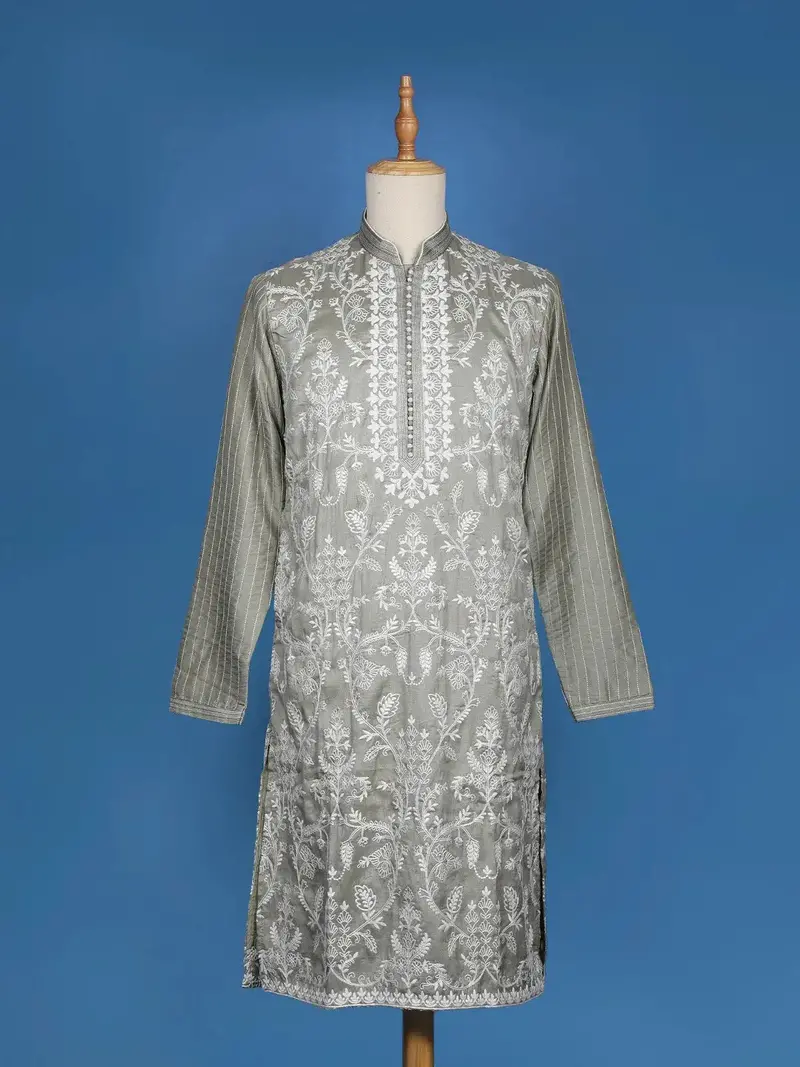 Pista Green Floral Embroidery Semi Silk Kurta Set With Pant 1