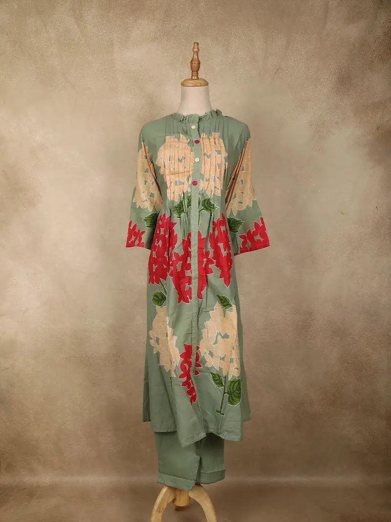 Pista Green Floral Printed Design Cotton Co-Ord Set 1