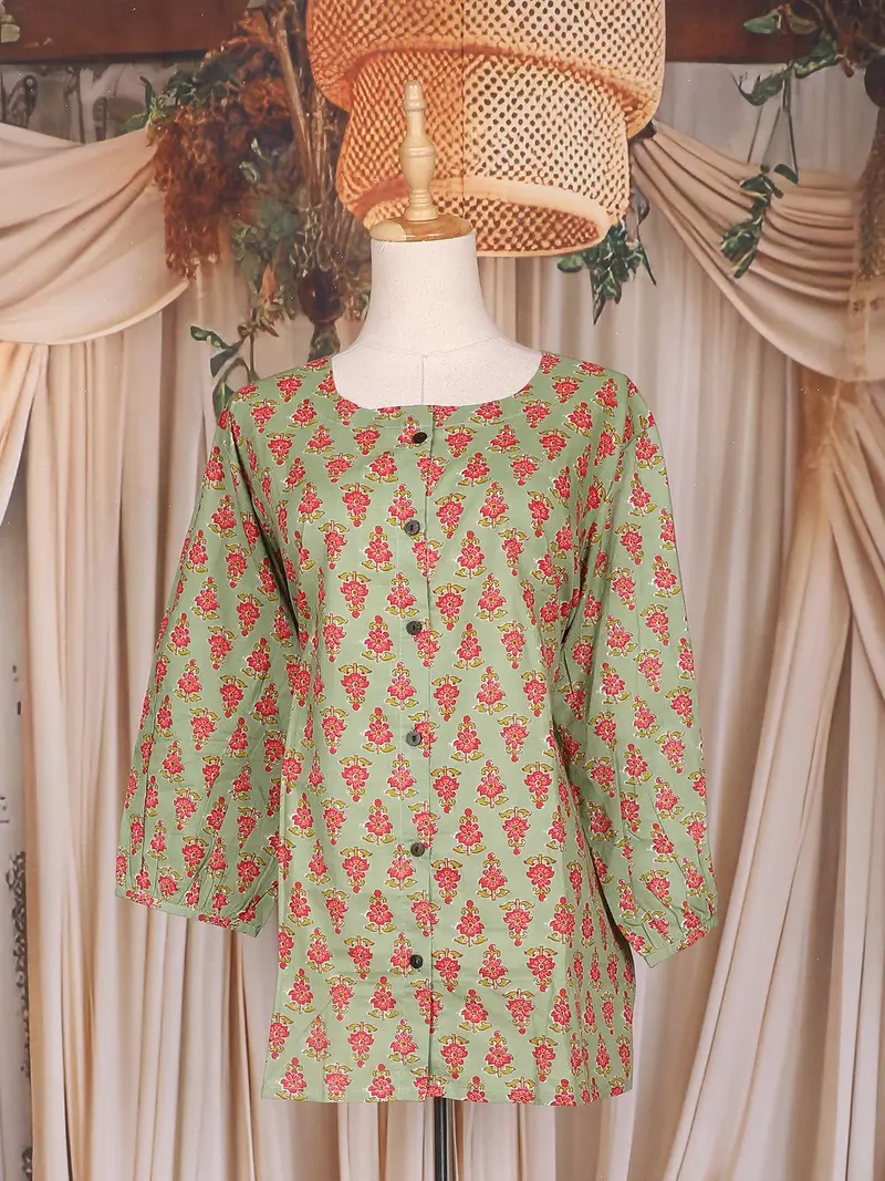 Pista Green Floral Printed Design Cotton Top 1