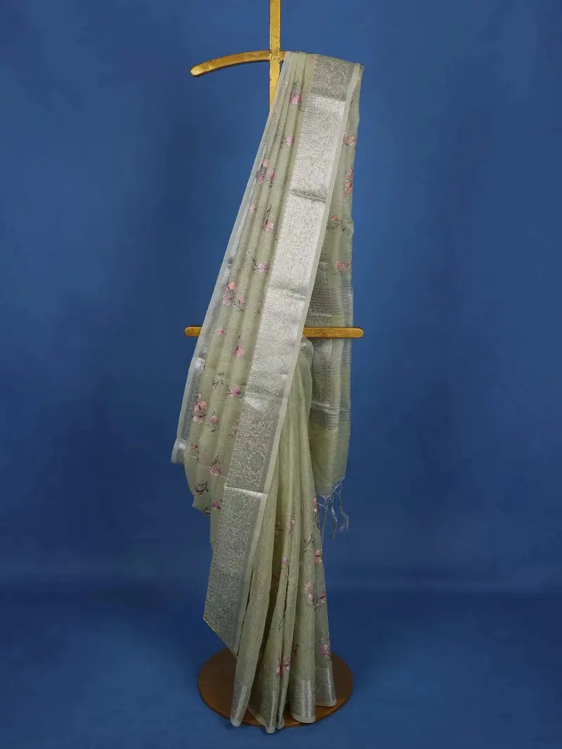 Pista Green Floral Printed Tissue Organza Saree 1