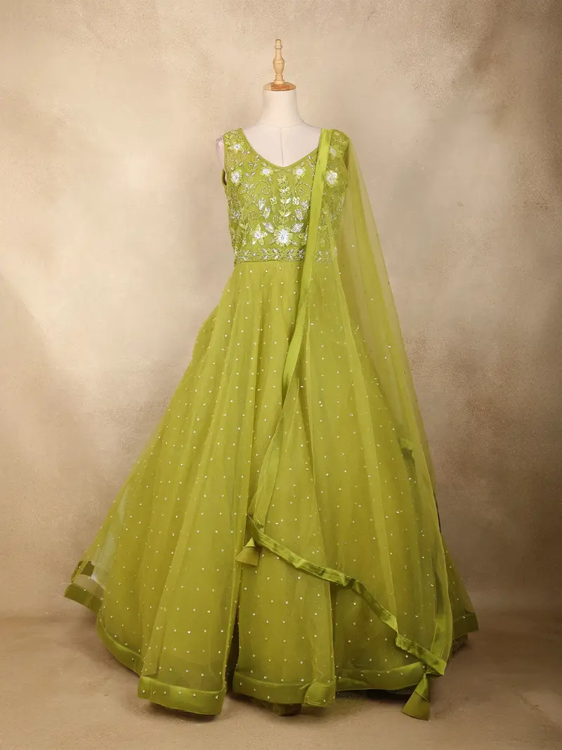 Pista Green Floral Sequins Embroidered Net Gown With Dupatta 1
