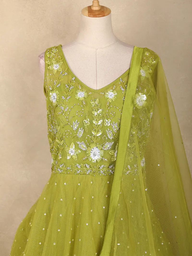 Pista Green Floral Sequins Embroidered Net Gown With Dupatta 2
