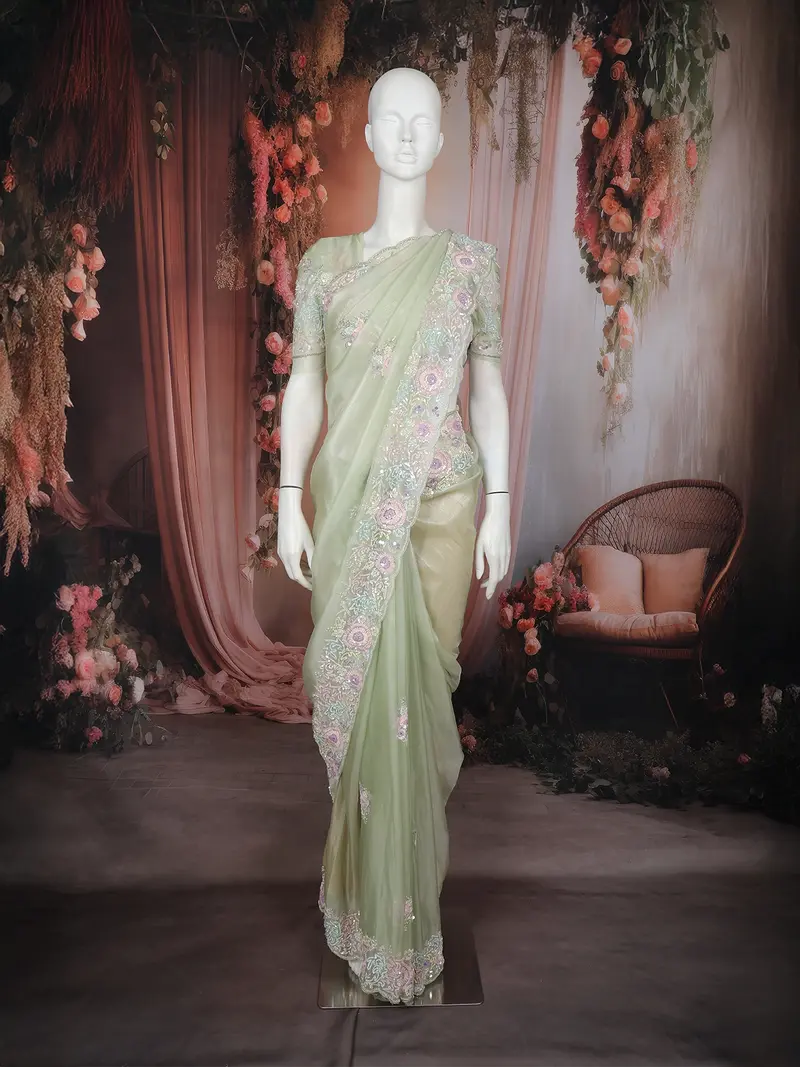 Pista Green Floral Sequins Embroidered Organza Saree 1
