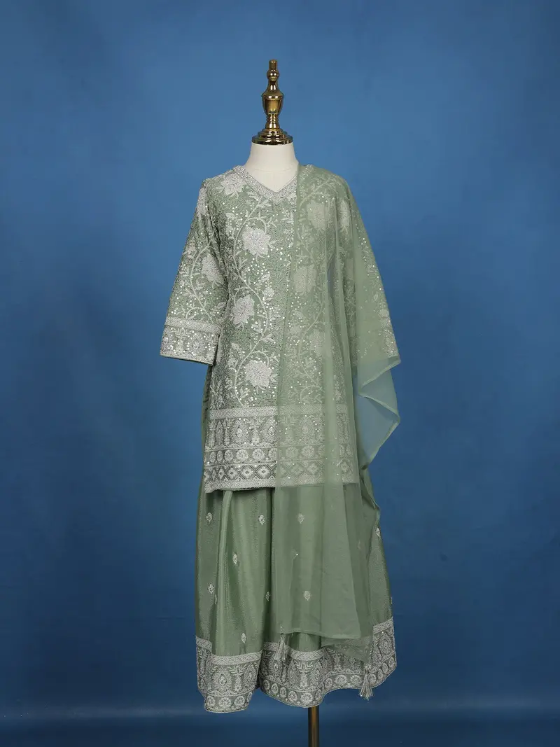 Pista Green Floral Sequins Embroidered Silk Kids Palazzo Suit 1