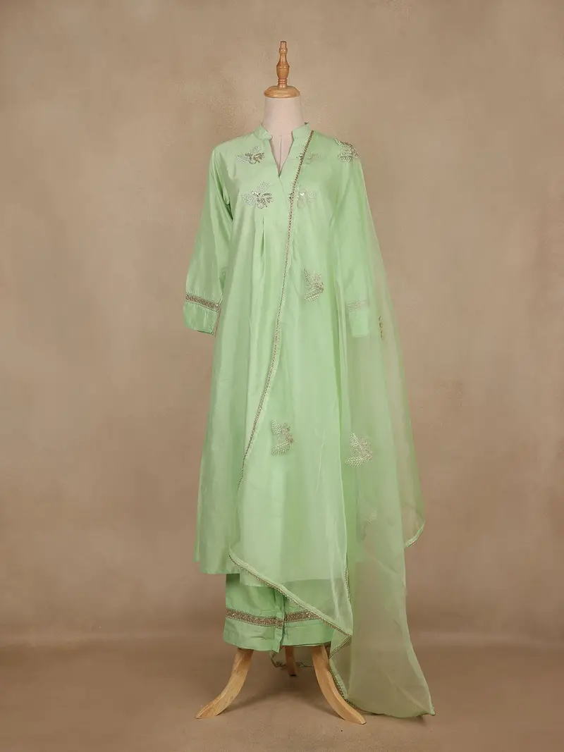 Pista Green Floral Sequins Embroidered Silk Salwar Suit 1