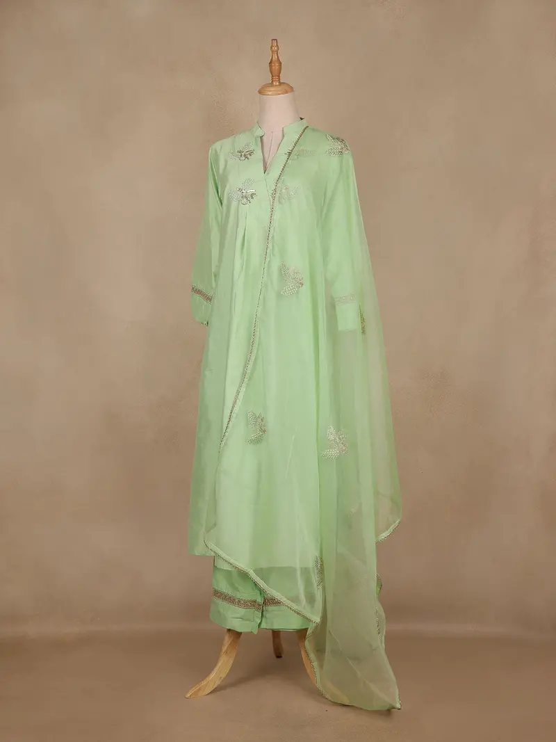 Pista Green Floral Sequins Embroidered Silk Salwar Suit 3
