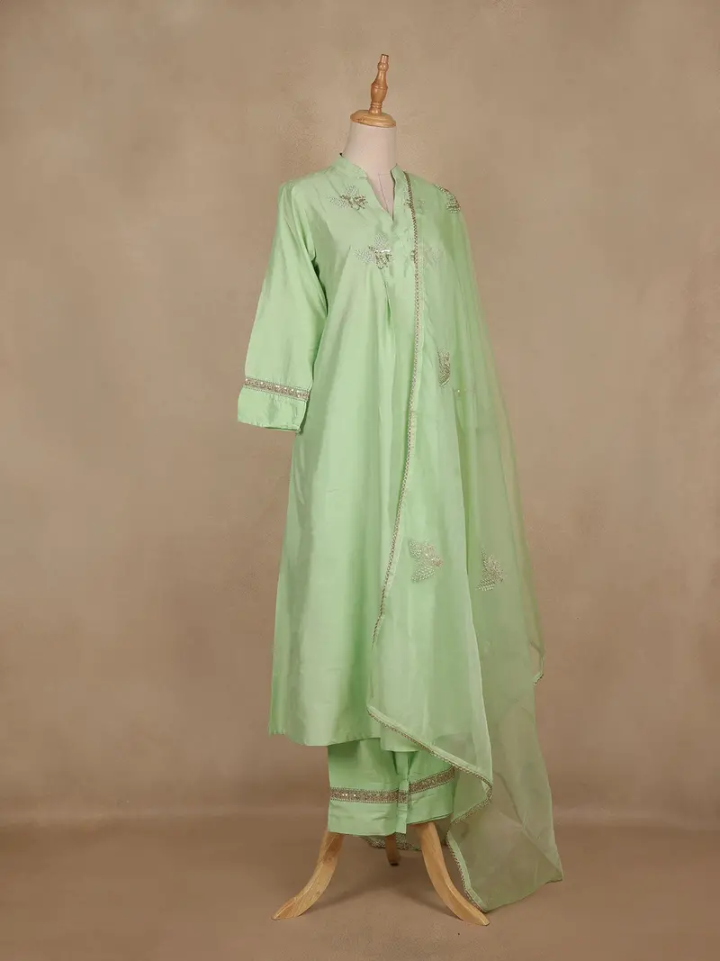 Pista Green Floral Sequins Embroidered Silk Salwar Suit 4