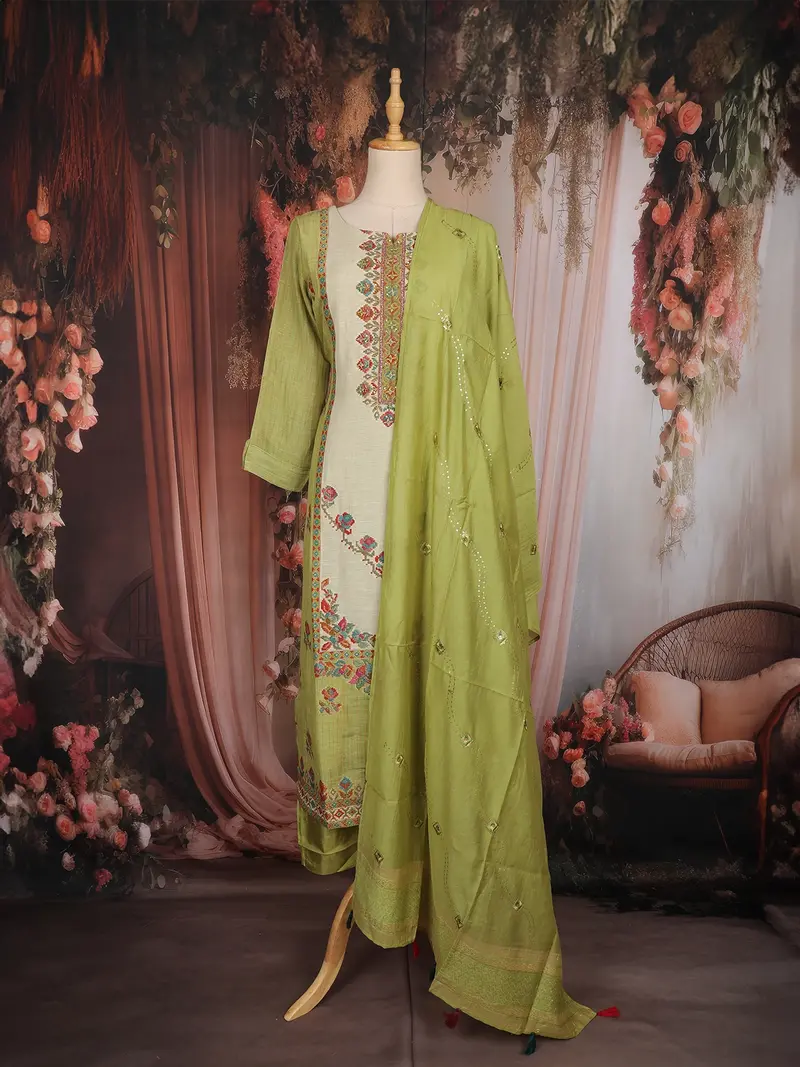 Pista Green Floral Thread Embroidered Design Tissue Straight Cut Salwar Suit 1