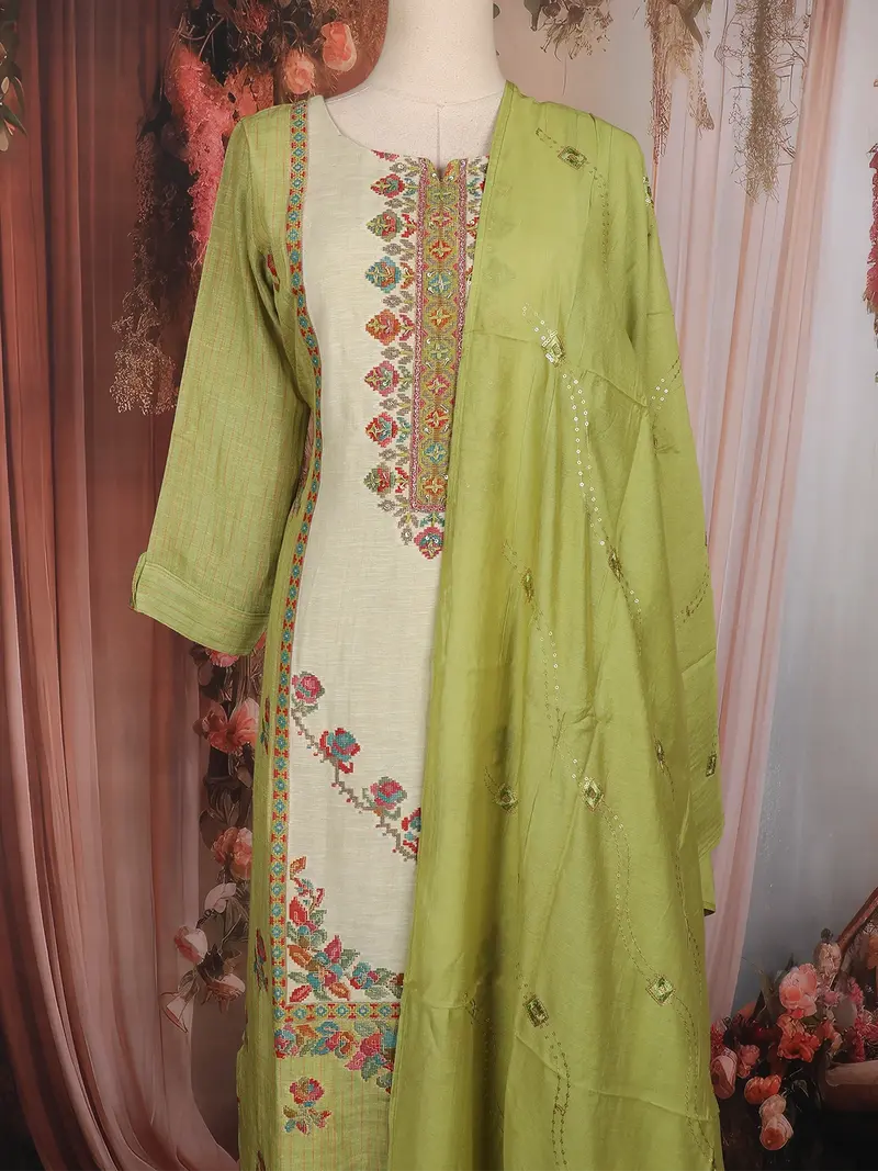 Pista Green Floral Thread Embroidered Design Tissue Straight Cut Salwar Suit 2