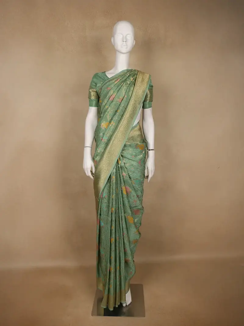 Pista Green Floral Woven Banarasi Silk Saree With Zari Border 1