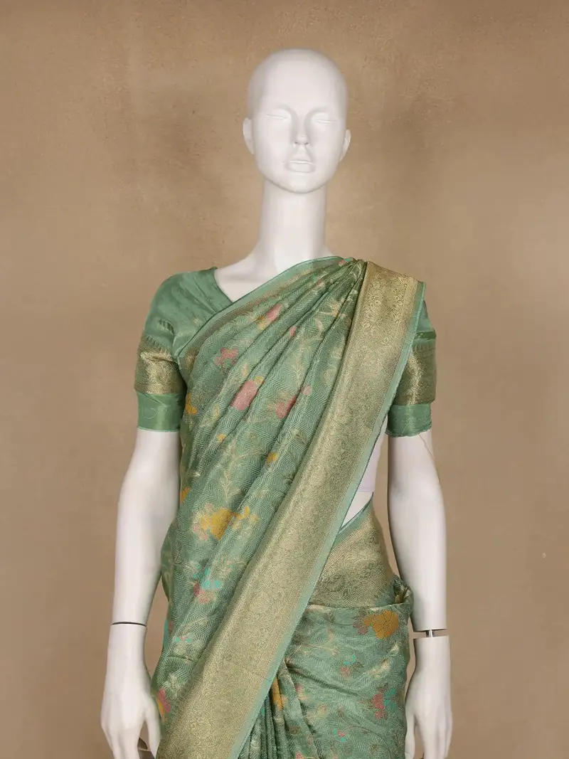 Pista Green Floral Woven Banarasi Silk Saree With Zari Border 2