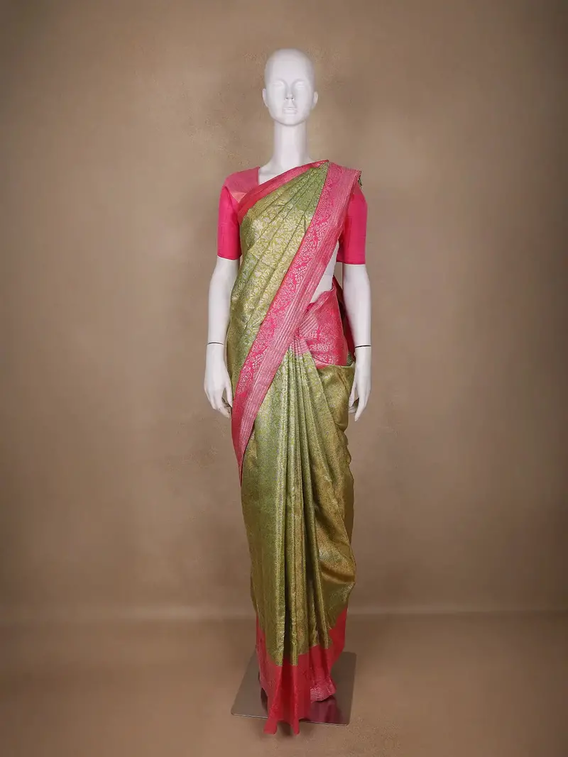 Pista Green Floral Woven Motifs Pure Kanchipuram Tissue Silk Saree 1