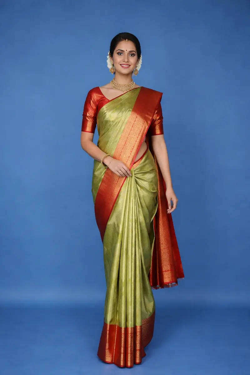 Pista Green Floral Woven Pure Kanchipuram Silk Saree With Contrast Red Zari Border 1