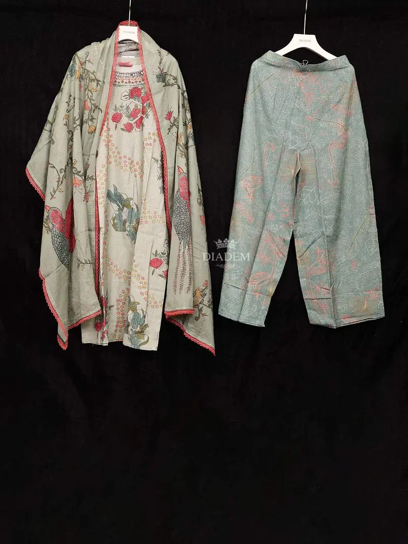 Pista Green Georgette Straight Cut Salwar Suit For Girls Adorned With Floral Prints And Embroidery, Paired With Dupatta 1