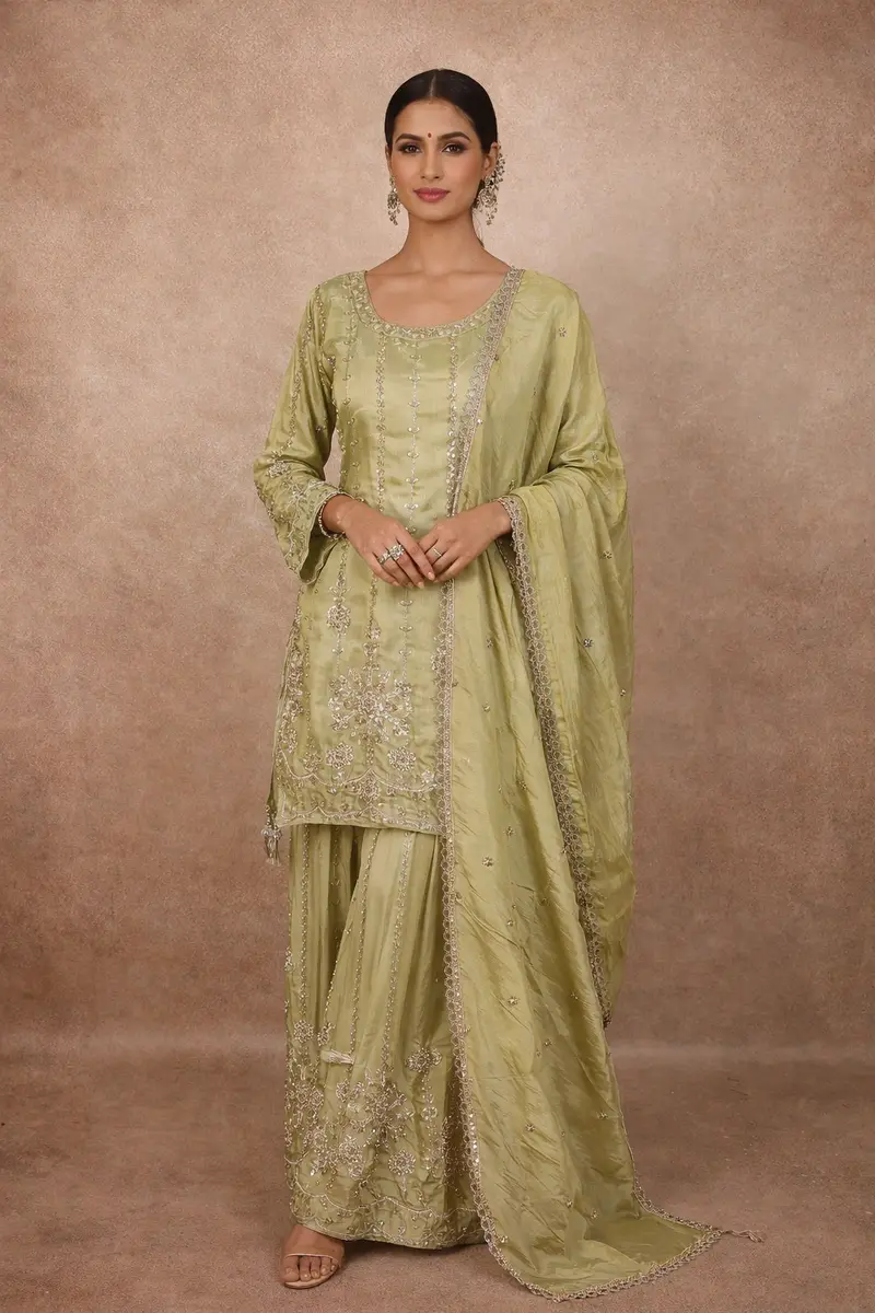 Pista Green Heavy Sequins And Beads Embroidered Design Tissue Silk Sharara Suit With Dupatta 1