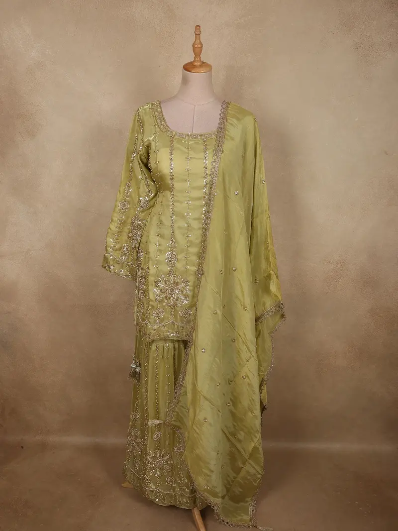Pista Green Heavy Sequins And Beads Embroidered Design Tissue Silk Sharara Suit With Dupatta 2