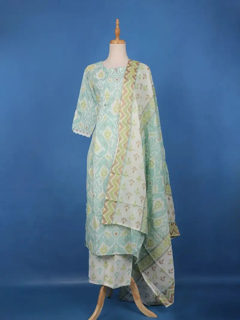 Pista Green Ikat Design Printed Cotton Salwar Suit 1