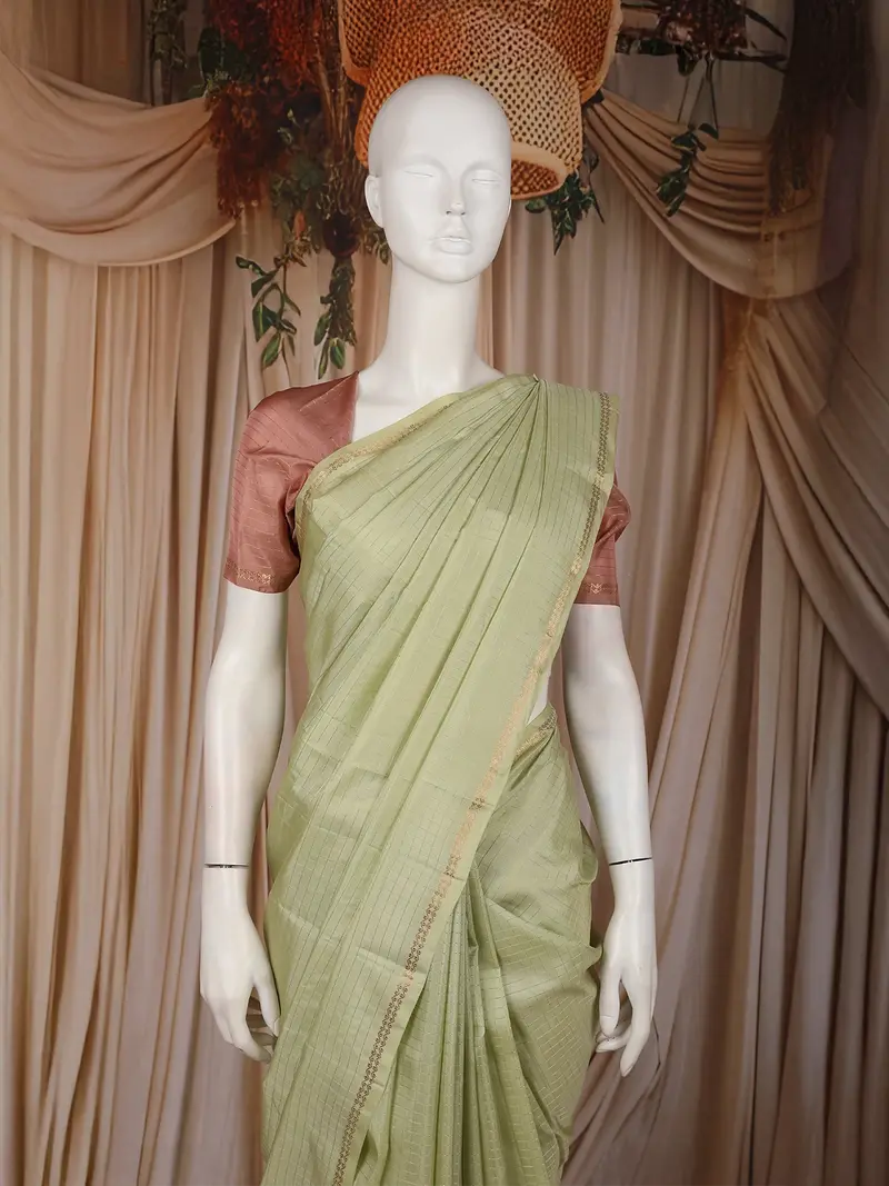 Pista Green Mini Checks Design Soft Silk Fancy Wear Saree 2