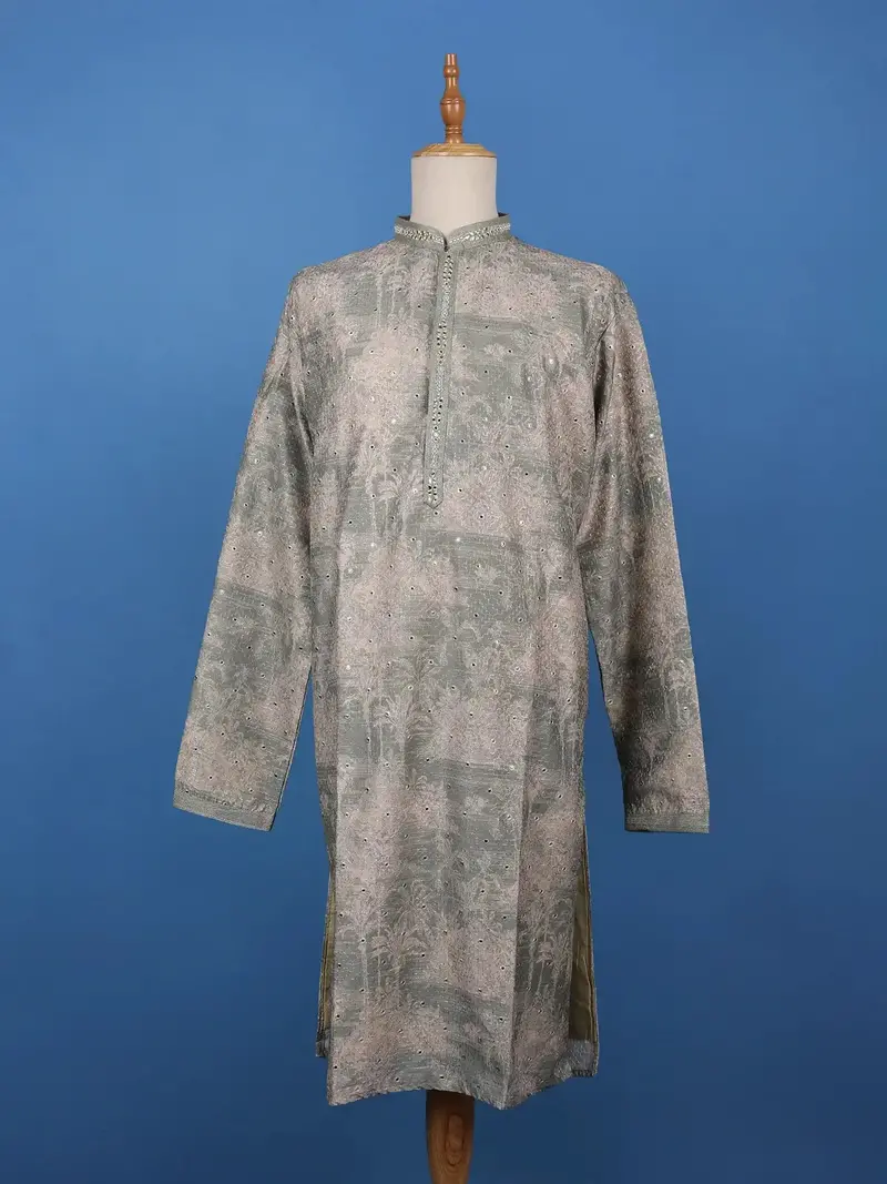 Pista Green Mirror Work Cotton Kurta For Men 1