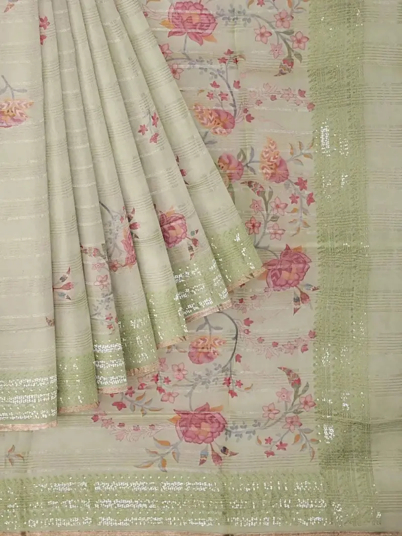 Pista Green Organza Silk Saree With Floral Prints On The Body And Embroidery Border 1