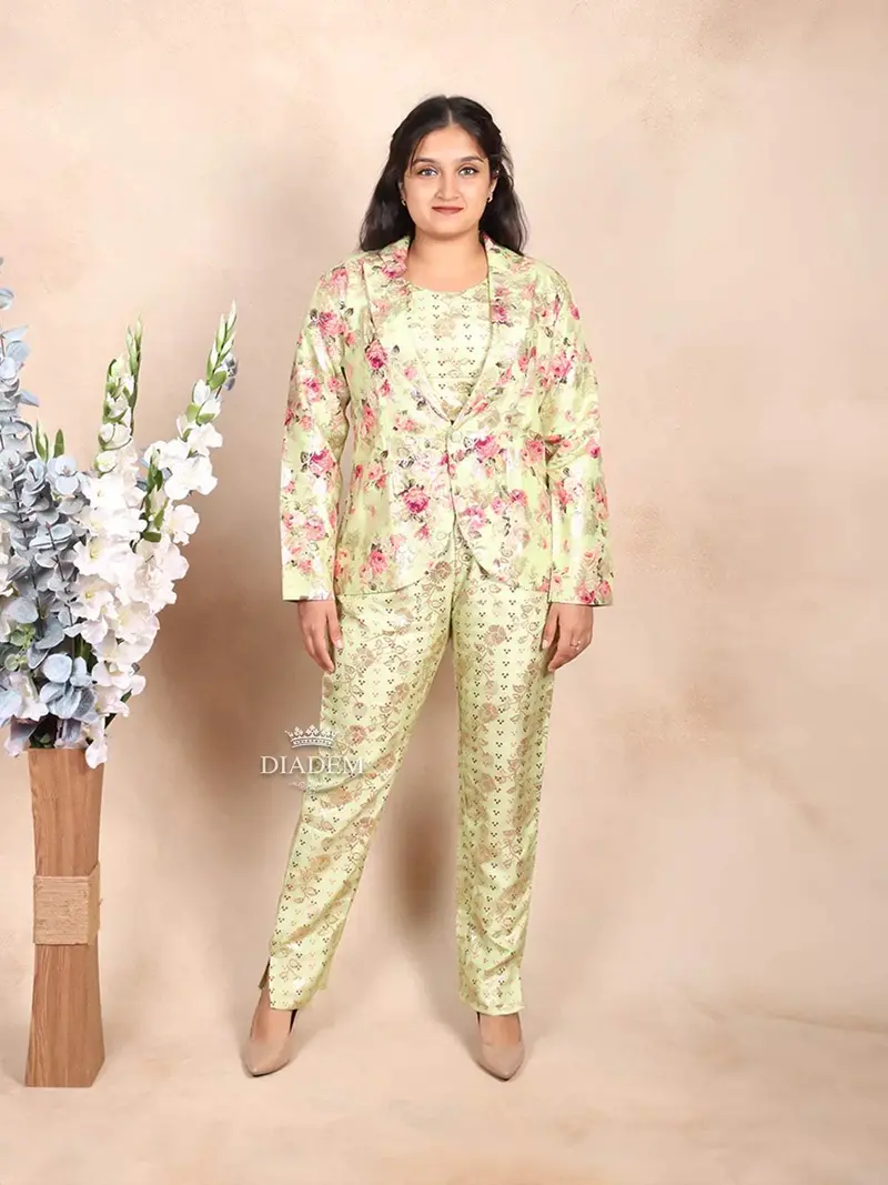 Pista Green Pant Salwar Suit Adorned With Floral Prints Paired With Matching Overcoat 1
