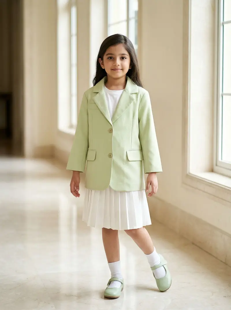 Pista Green Plain Cotton Blend Blazer For Girls 1