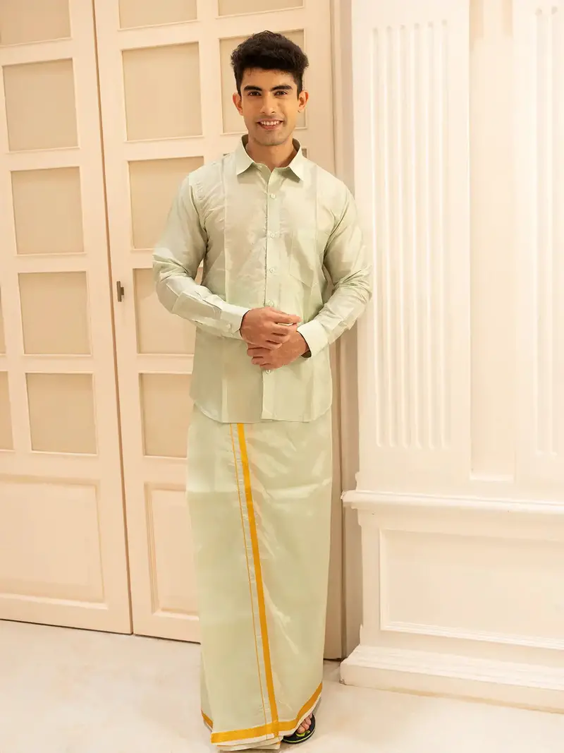 Pista Green Plain Semi Silk Full-Sleeve Shirt With Matching Dhoti Set 1