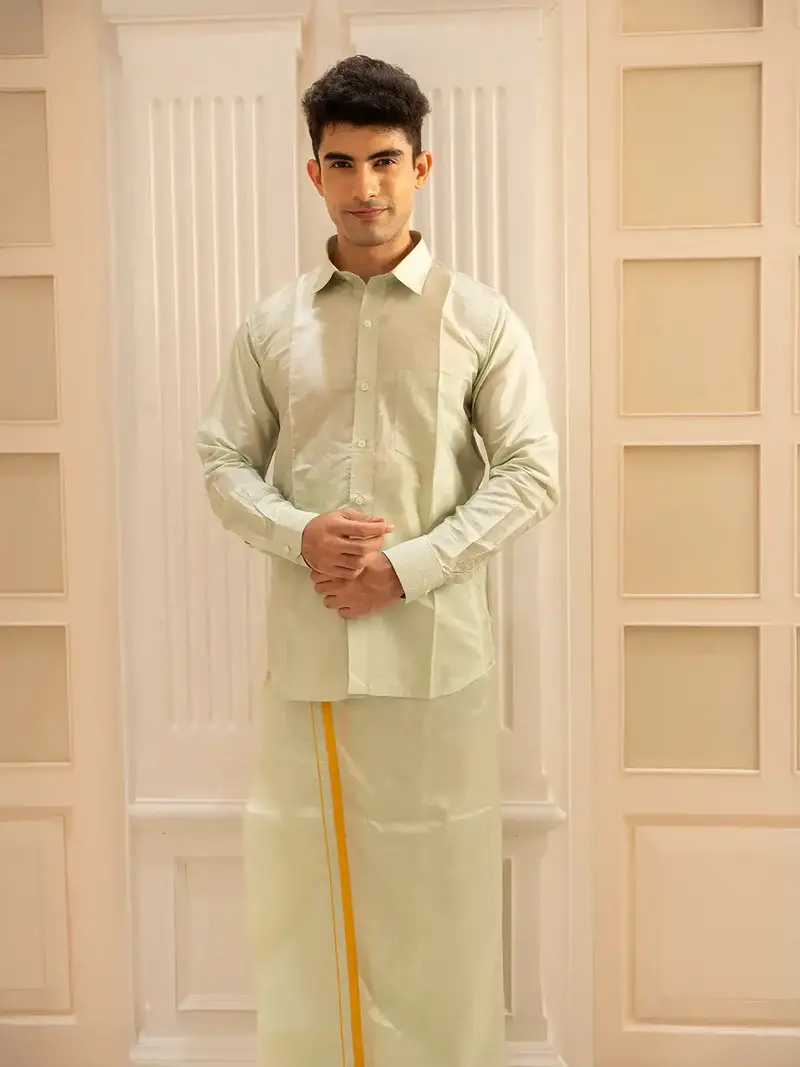 Pista Green Plain Semi Silk Full-Sleeve Shirt With Matching Dhoti Set 2