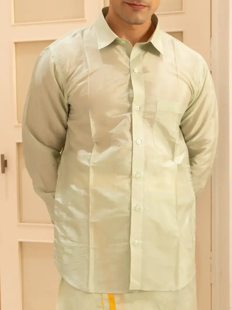 Pista Green Plain Semi Silk Full-Sleeve Shirt With Matching Dhoti Set 3