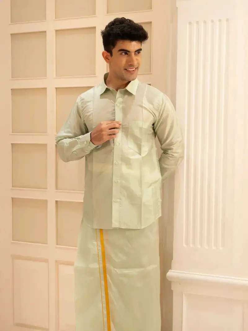 Pista Green Plain Semi Silk Full-Sleeve Shirt With Matching Dhoti Set 4