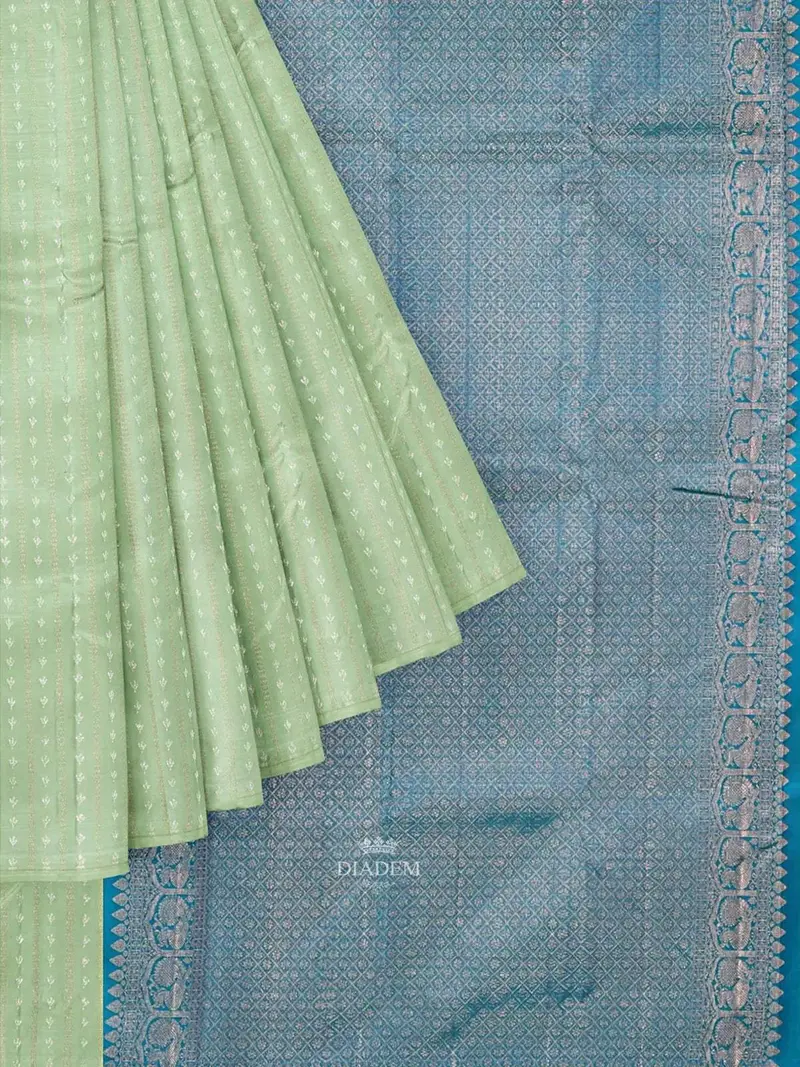 Pista Green Pure Kanchipuram Saree With Zari Butta On The Body And Without Border 1