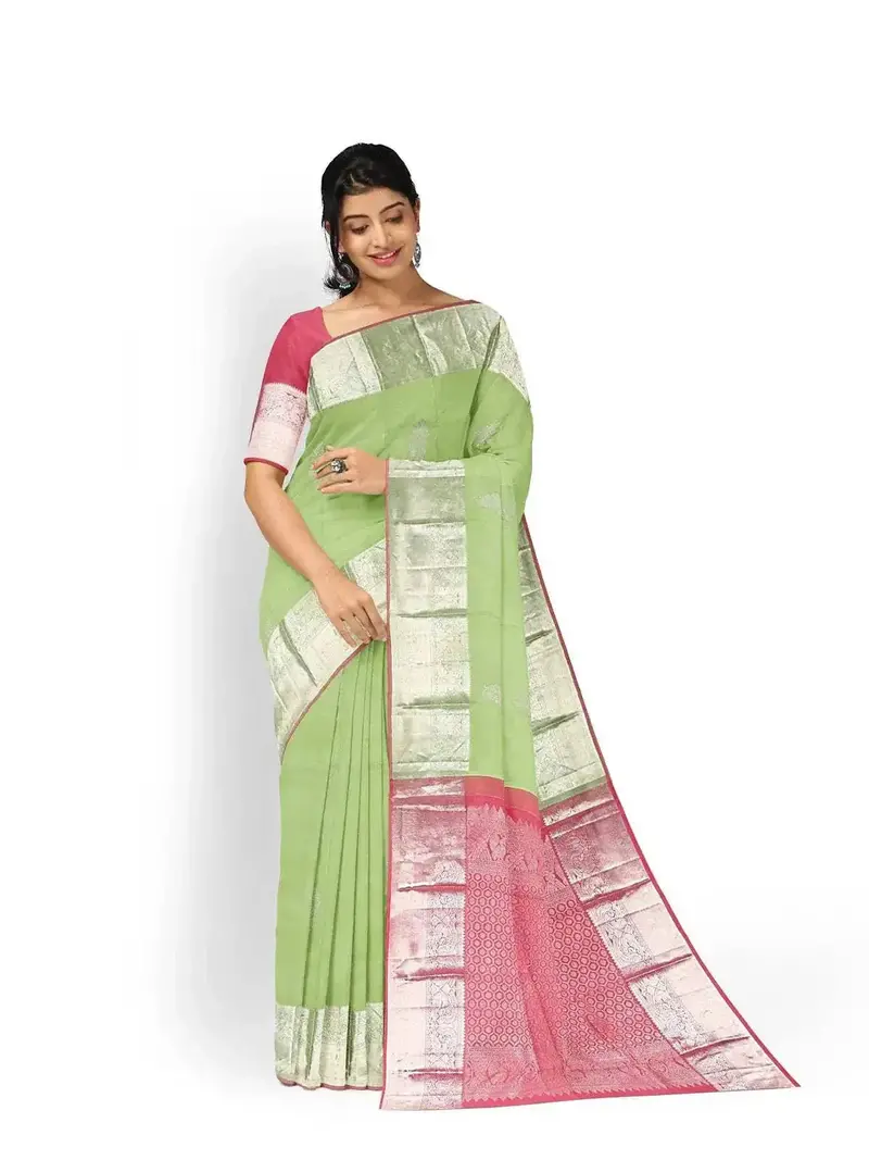 Pista Green Pure Kanchipuram Silk Saree With Zari Butta And Contrast Zari Border 1