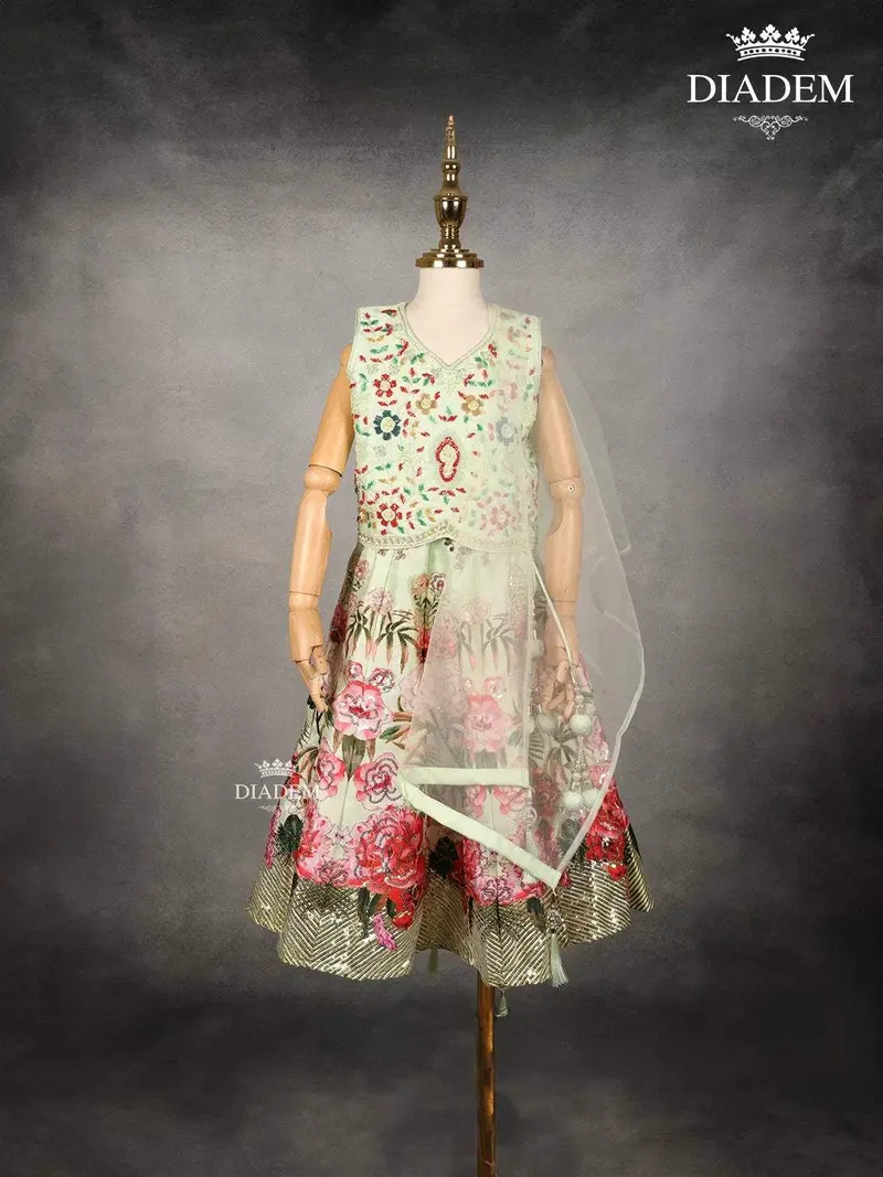 Pista Green Raw Silk Lehenga With Floral Embroidery, Paired With Dupatta 1