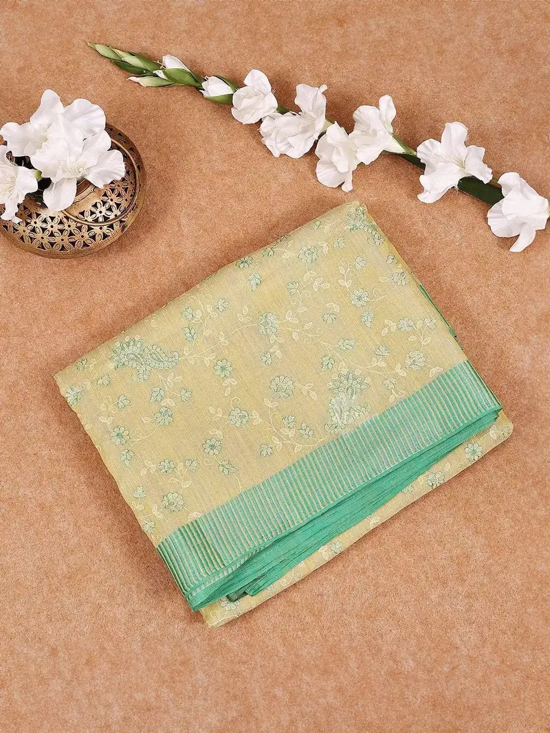 Pista Green Semi Banarasi Saree With Floral Designs On The Body And Thread Border 1
