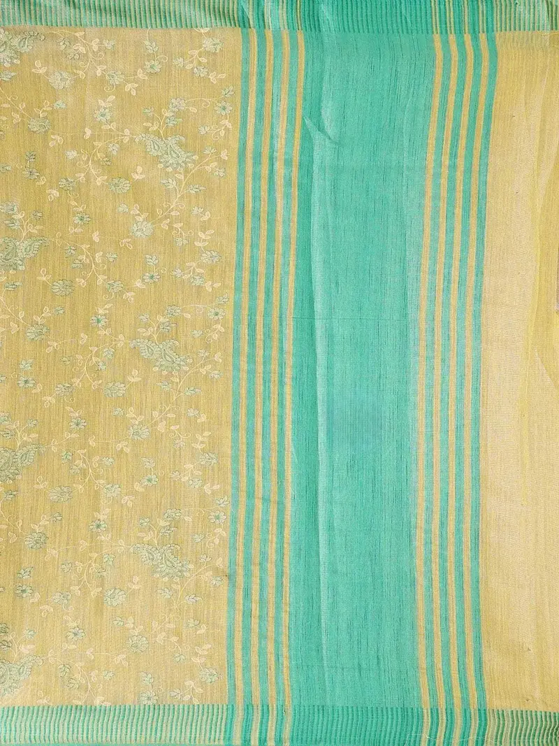 Pista Green Semi Banarasi Saree With Floral Designs On The Body And Thread Border 2