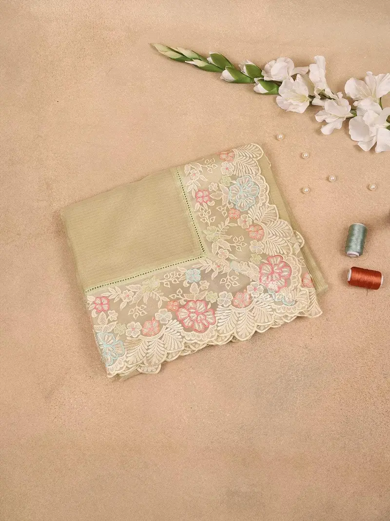 Pista Green Semi Banarasi Saree With Plain Body And Floral Embroidery Border 1
