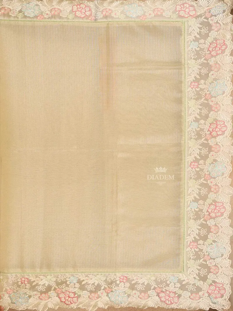 Pista Green Semi Banarasi Saree With Plain Body And Floral Embroidery Border 2
